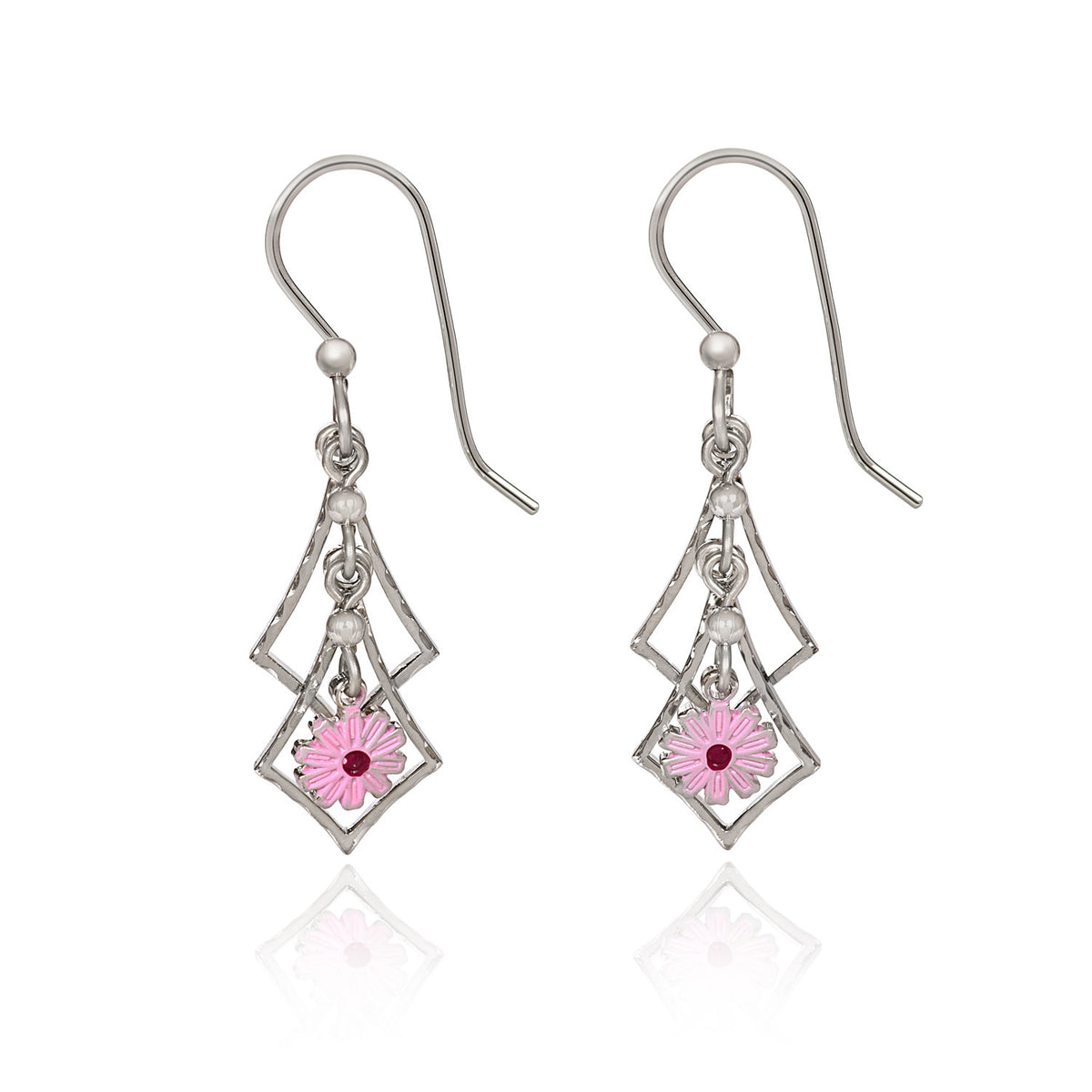 Silver Forest drop earrings featuring a cascading flower design with colorful enamel accents on nickel-free silver.