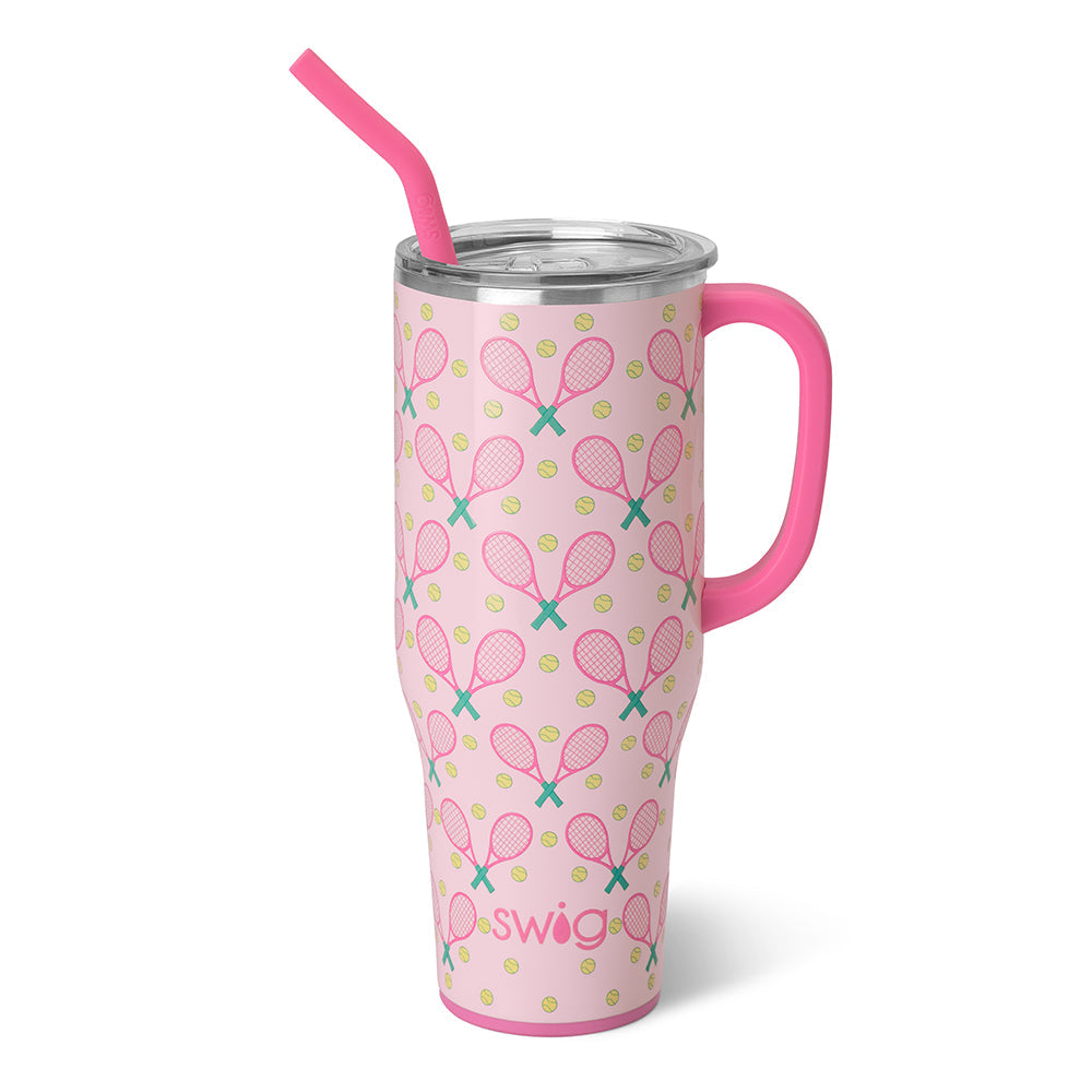 40oz Mega Mug in silver stainless steel with a comfort-grip handle, flexi-tip straw, and silicone base.