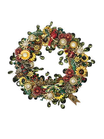 10-inch jeweled wreath with sunflowers, red birds, dragonflies, and green crystal leaves.