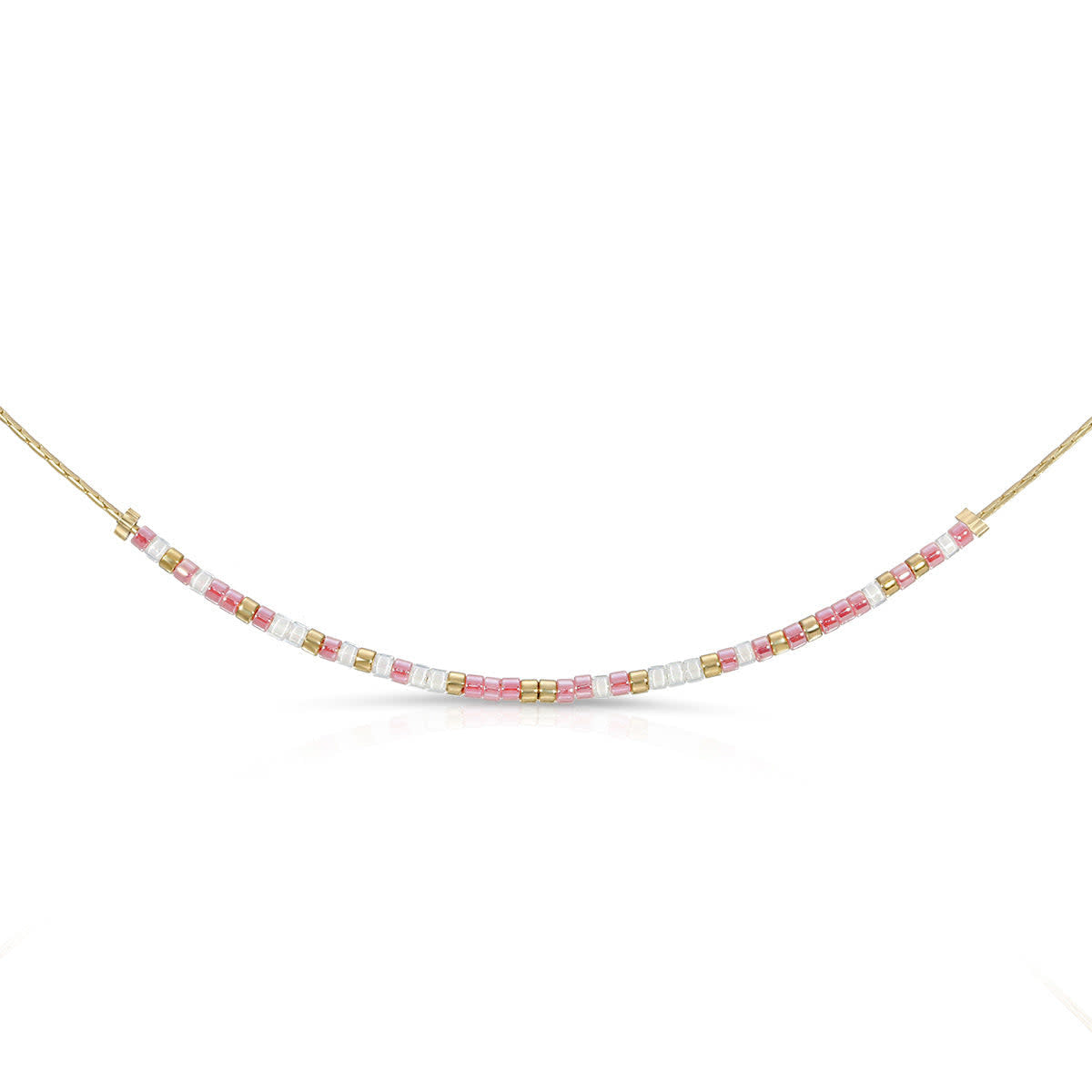 Always & Forever necklace with shimmering pink and white glass beads on a silver chain.