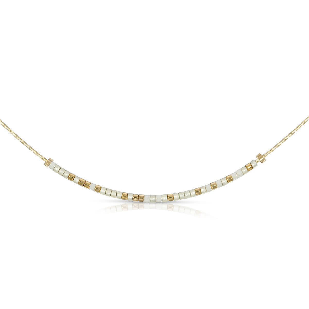 Pearl and alabaster necklace with Morse code message on a standard length chain.