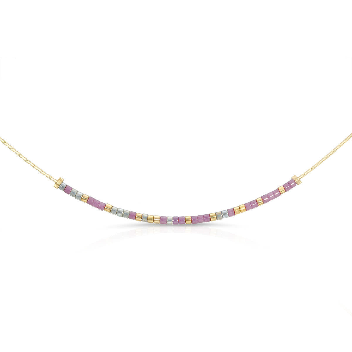 Gold chain necklace with shimmery gray and plum glass beads spelling 'Love You Mom' in Morse code.