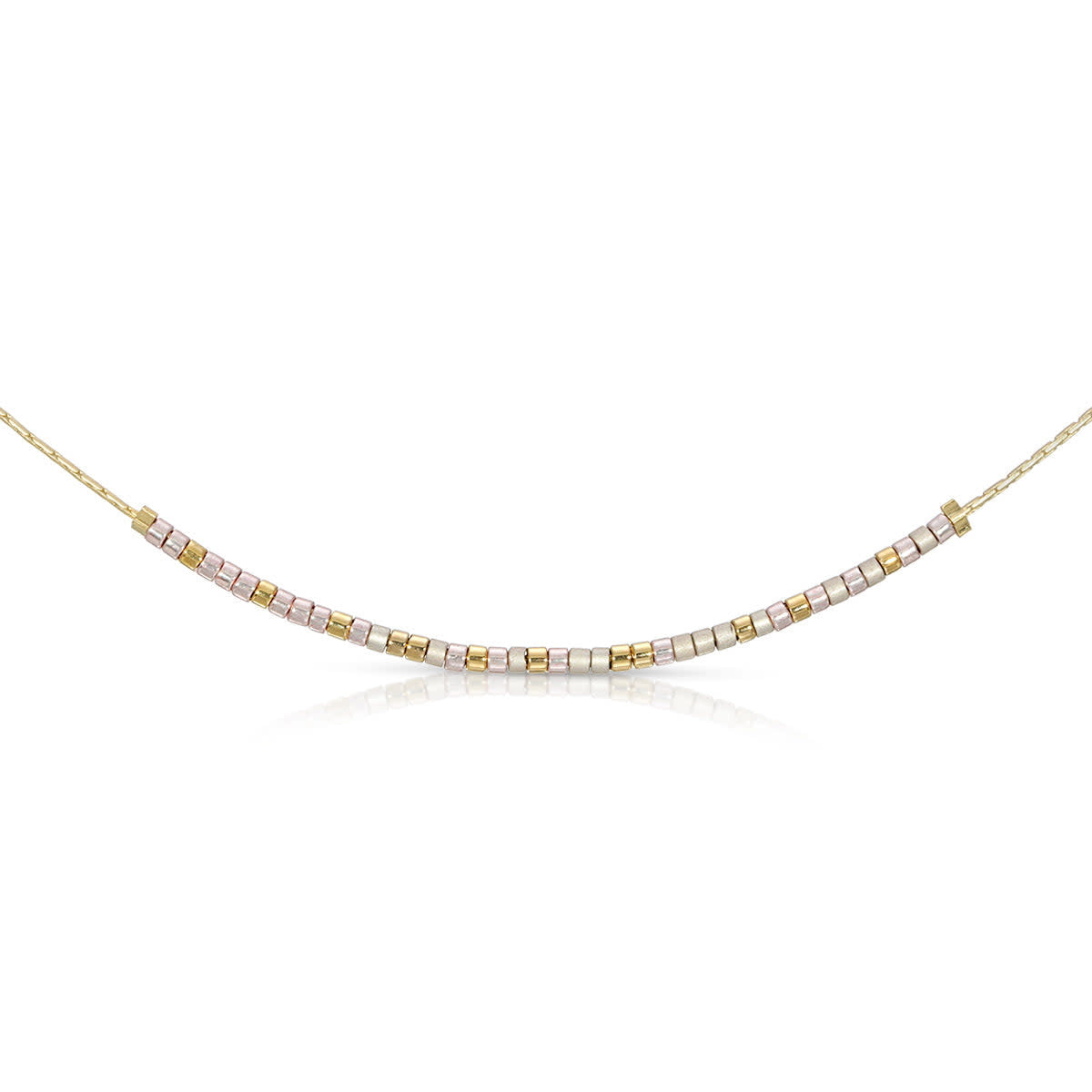 Moon and Back necklace with metallic light pink and pewter glass beads in a Morse code pattern.