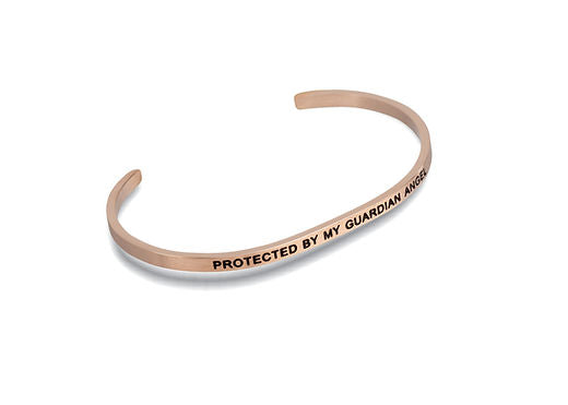 Rose gold cuff bracelet engraved with the text PROTECTED BY MY GUARDIAN ANGEL.