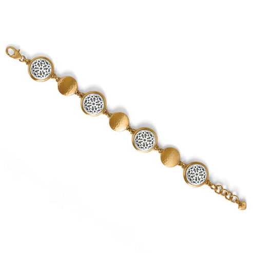 Ferrara Two Tone Luce Link Bracelet with silver filigree and brushed gold circular links.