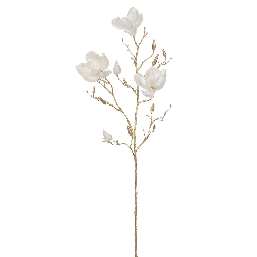 35-inch cream velvet magnolia spray with three open blooms and gold-toned branches.