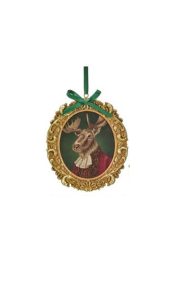 Ornate gold-framed moose bust ornament wearing a red coat and white ruff with a green ribbon.