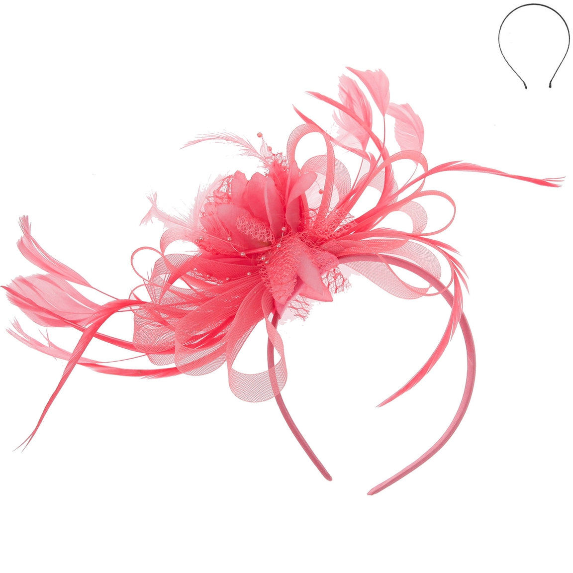 Floral fascinator headband with side loops and feather accents in a light neutral tone.
