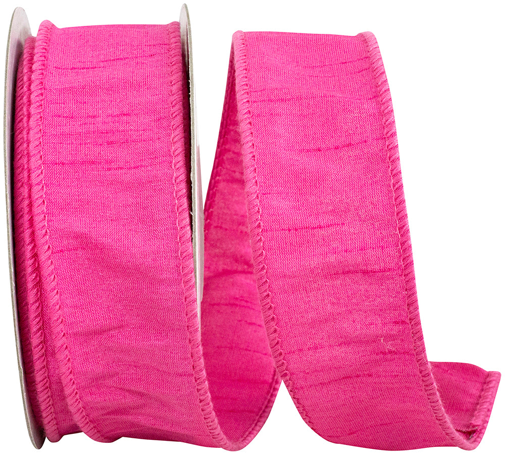 1.5-inch wide hot pink dupioni ribbon with a textured finish and wired edges.