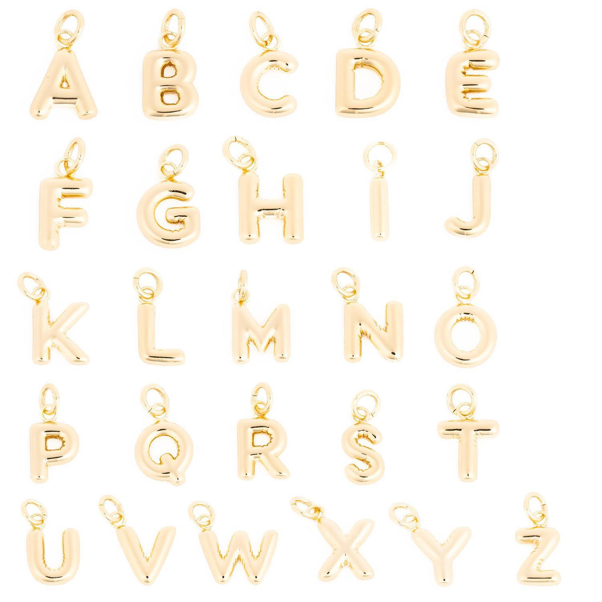 Gold-toned puffy alphabet charms from A to Z with jump rings for jewelry making.