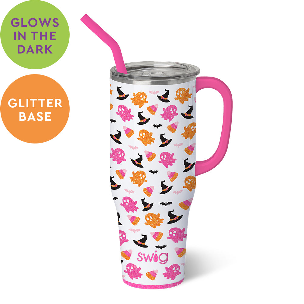 40oz Mega Mug in silver stainless steel with a comfort-grip handle, triple insulation walls, and BPA-free lid.