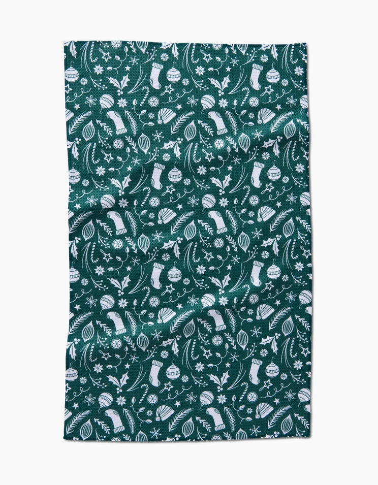 Recycled polyester waffle weave kitchen tea towel with single-sided holiday print