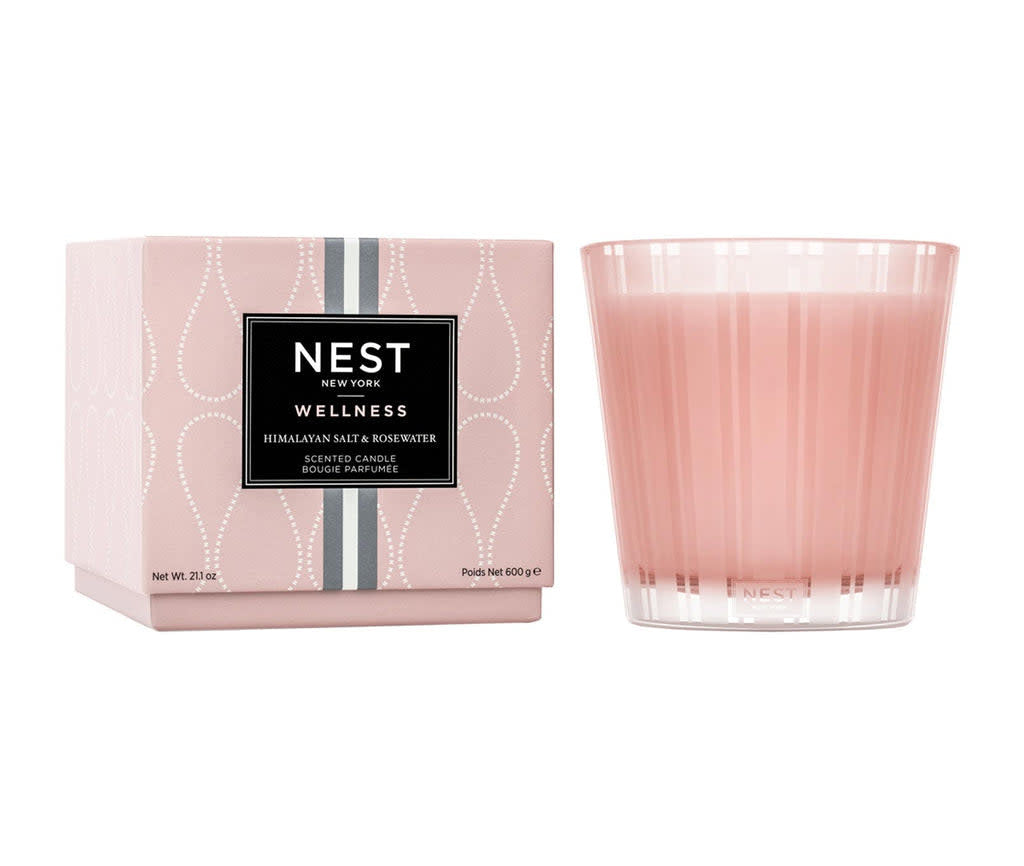 Nest Himalayan Salt Rosewater three-wick candle in a cylindrical glass jar with white wax.