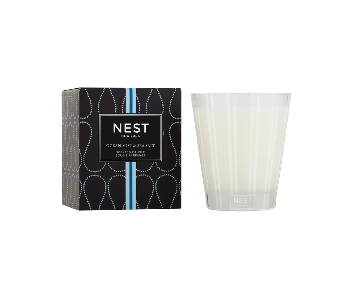 Nest Classic Candle in Ocean Mist with sea salt scent, housed in a clear glass jar.