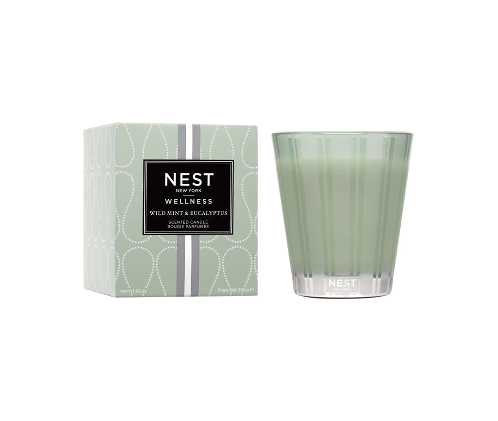 Nest Classic Candle in Wild Mint Eucalyptus scent with a smooth white wax and black wick.