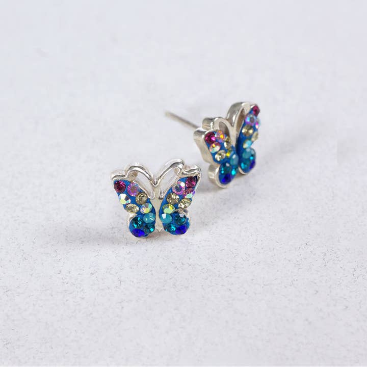 Sterling silver butterfly stud earrings with Austrian crystals forming a sparkling pattern.