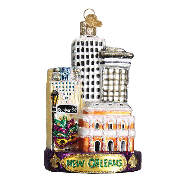 Mouth-blown glass New Orleans ornament with hand-painted Creole architecture silhouette and silver accents.