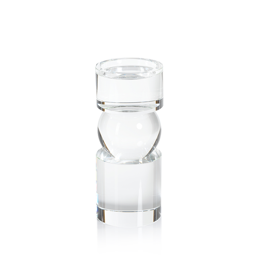 Short Rialto clear crystal pillar holder with a cylindrical shape.