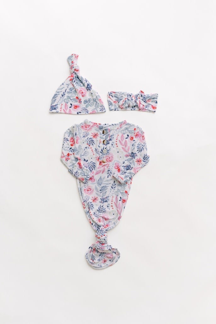 Newborn knotted baby gown set in soft modal fabric with built-in mittens and henley neck.