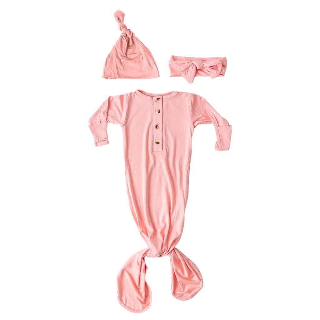 Newborn knotted baby gown set in soft modal fabric with built-in mittens and henley neck.