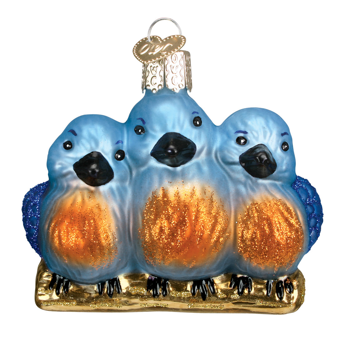 Glass ornament featuring three bluebirds with orange glitter chests perched on a golden branch.