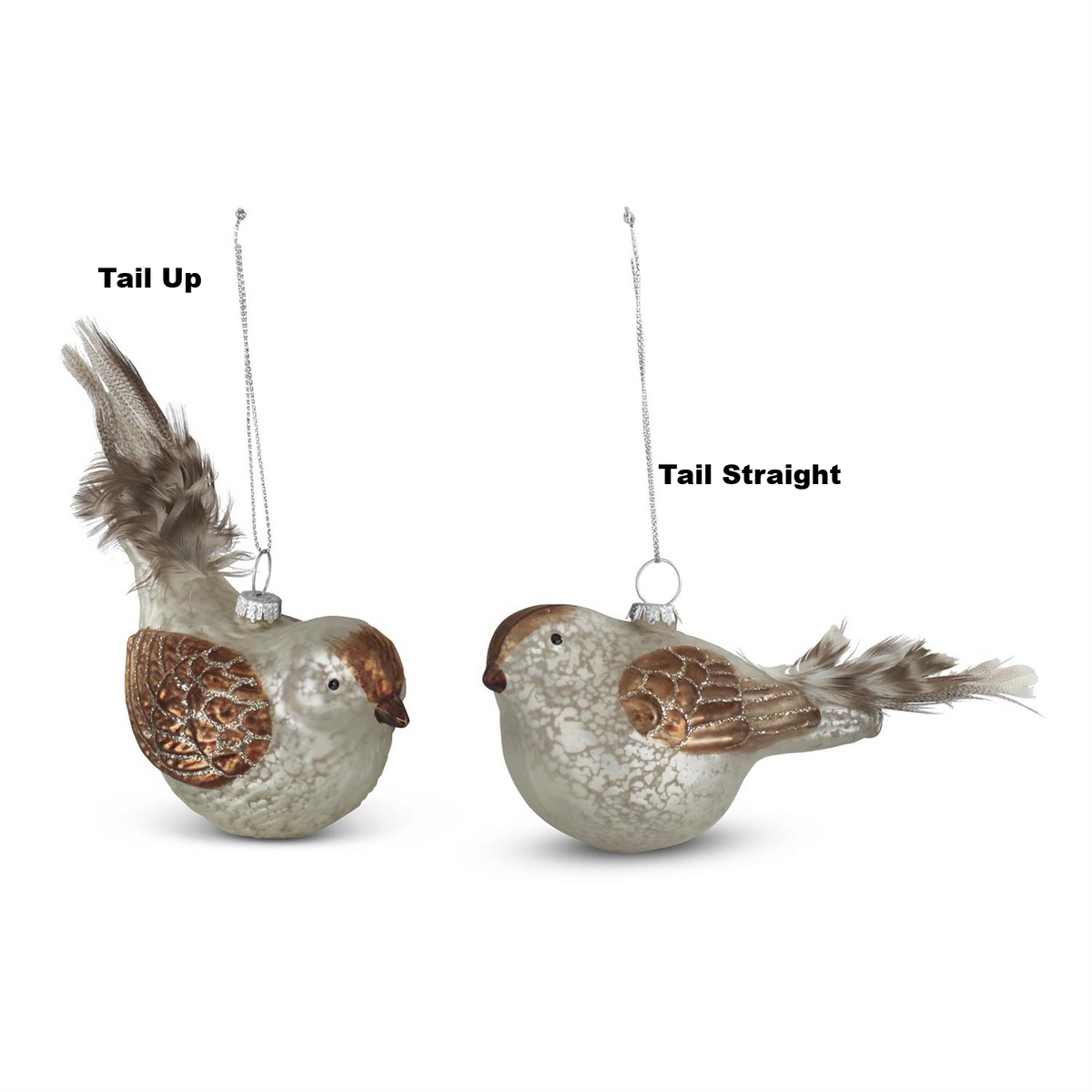 Two white mercury glass bird ornaments with feather tails, one tail up and one tail straight.