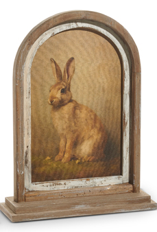 Vintage rabbit framed print on wood with linen texture.