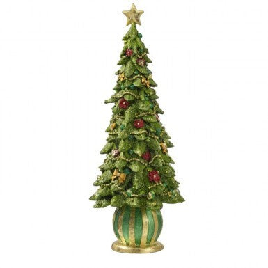 Resin Merry Décor Cone Tree with green foliage, red ornaments, gold garland, and a star topper.