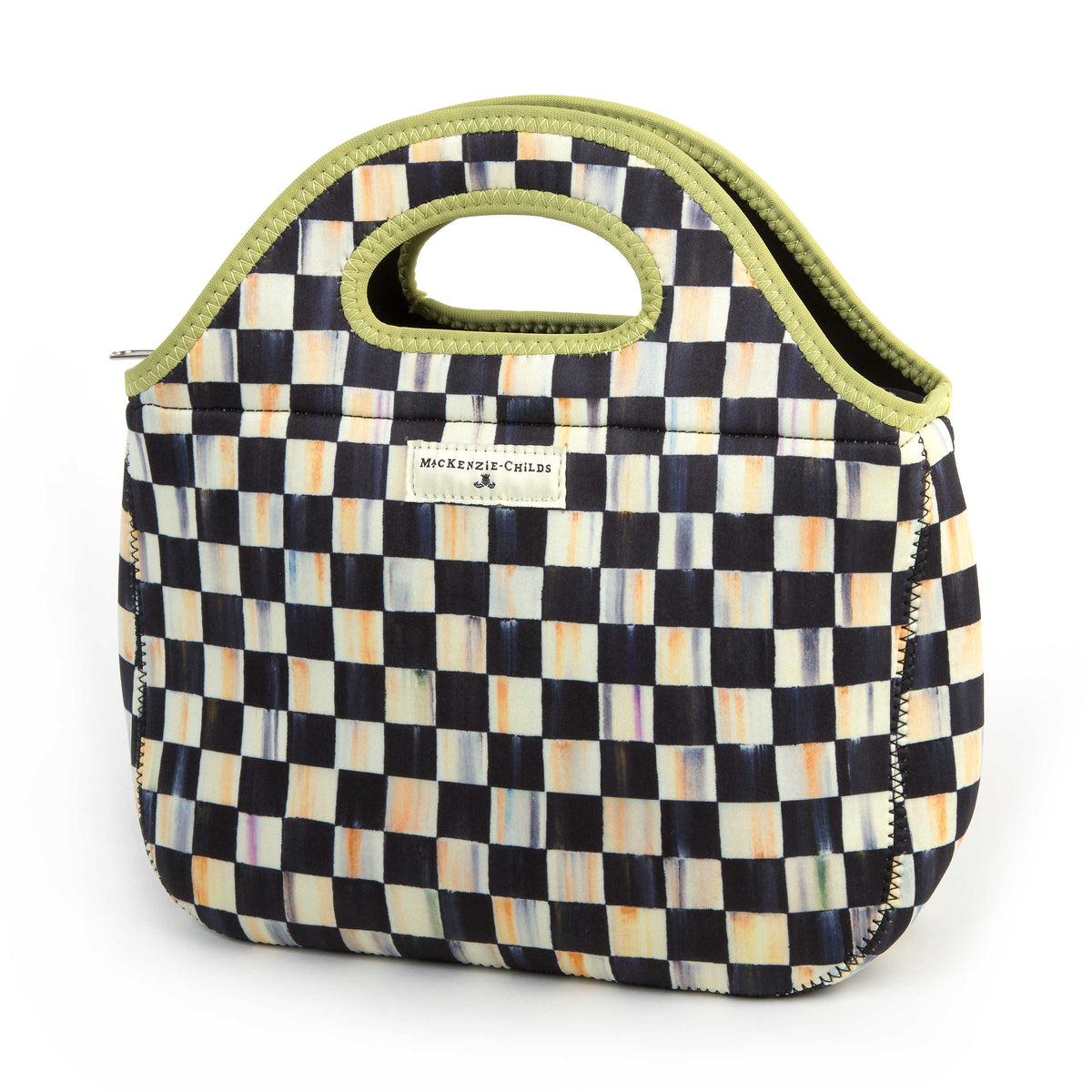 Courtly Check Lunch Tote with a black and white checkered pattern and green trim.