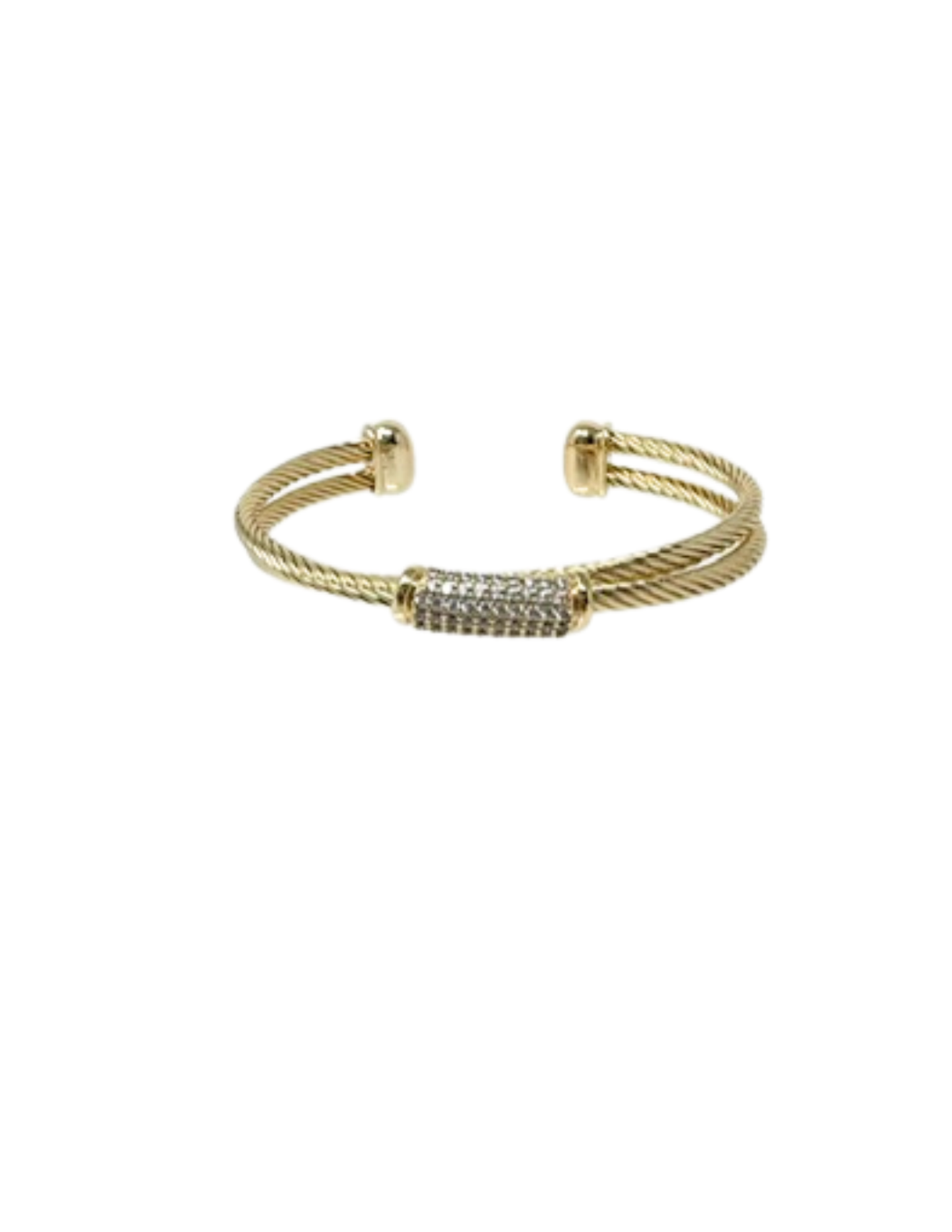 Gold dipped double cable cuff bracelet with a rectangular CZ pave center station.