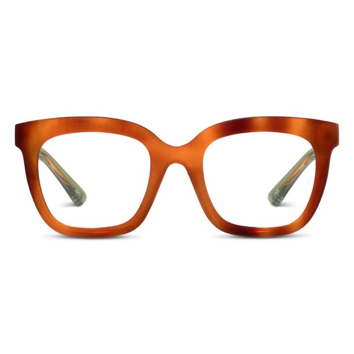 Fanfare square-shaped blue light glasses with a matte amber frame and clear lenses.