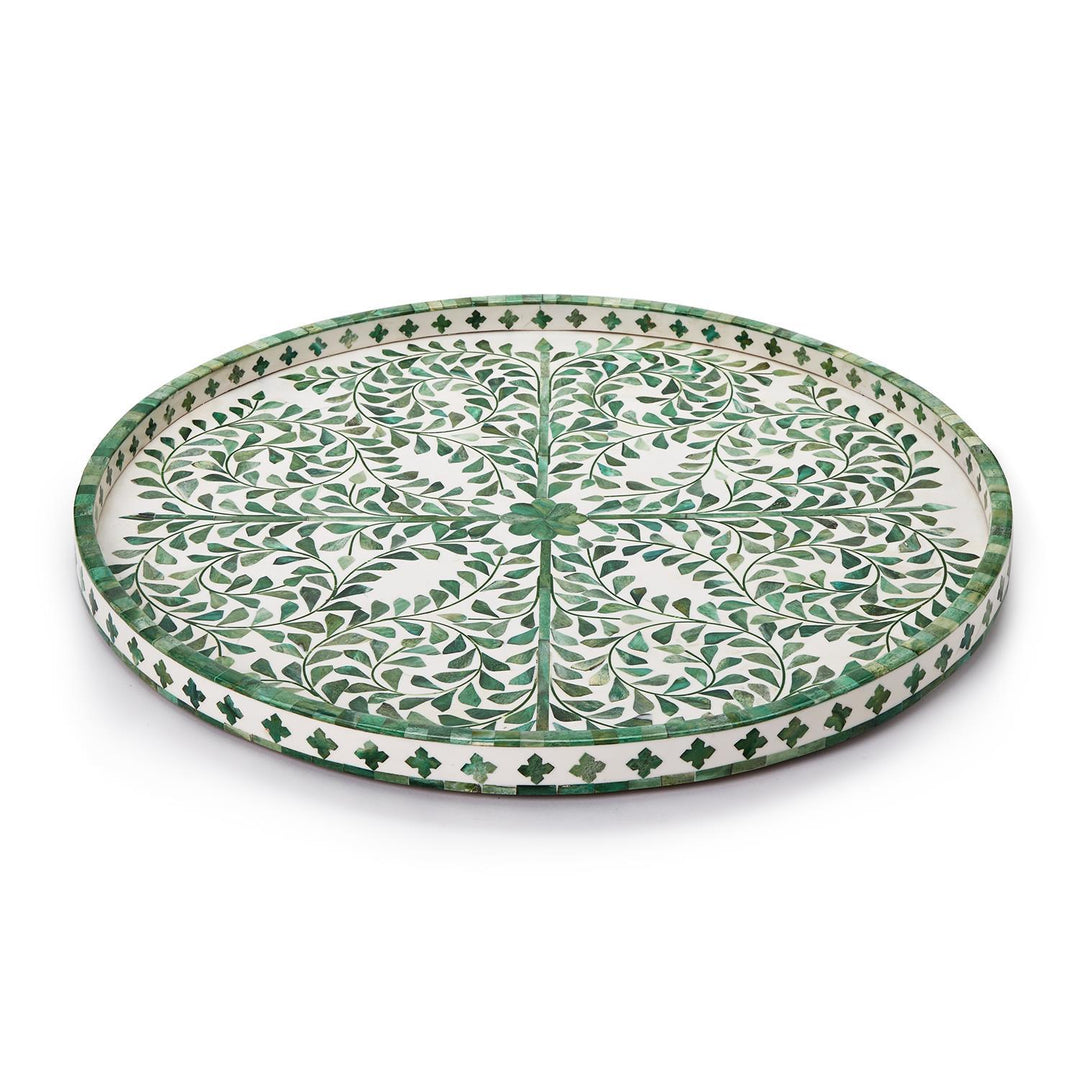 Inlaid Decorative Round Serving Tray - Green/White