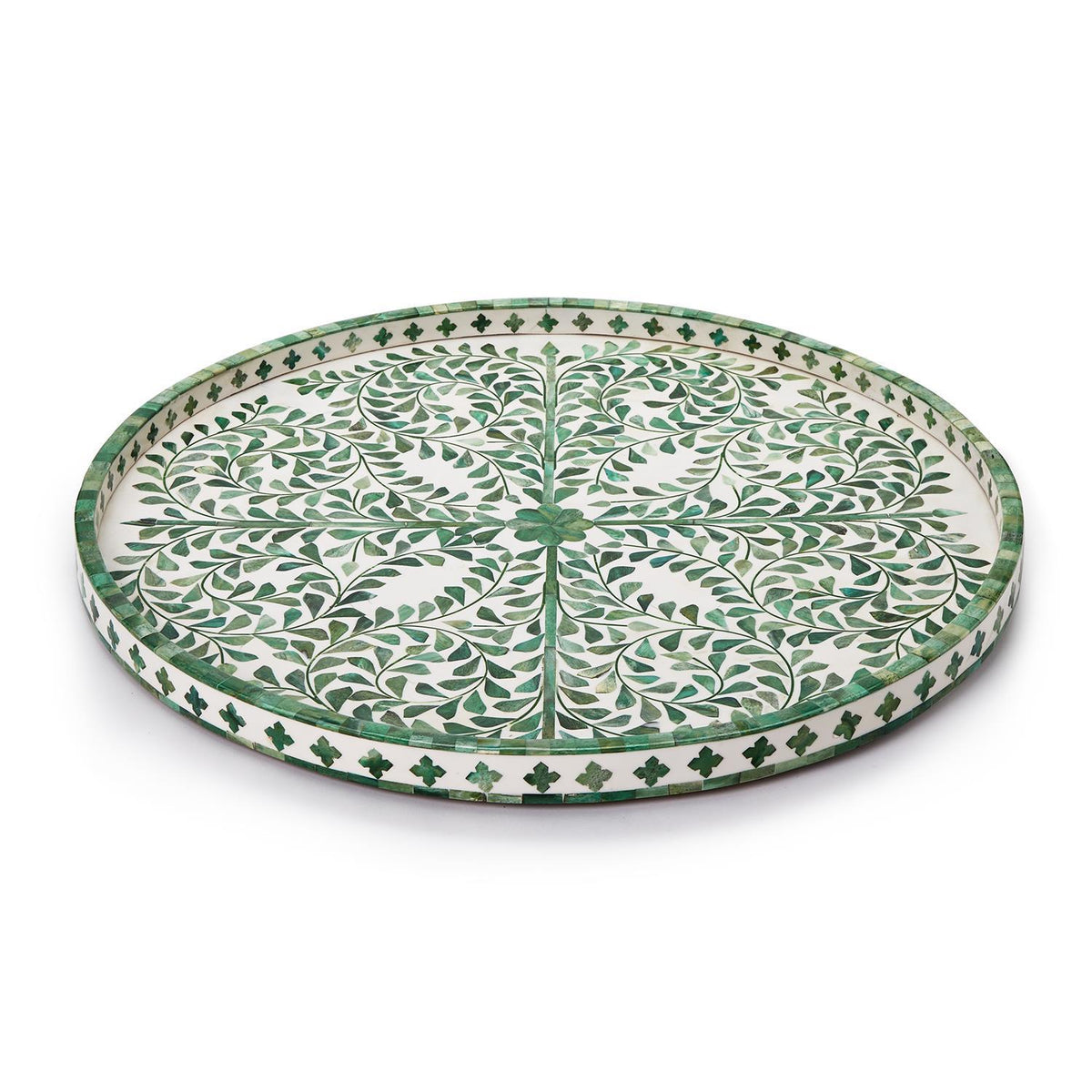 Round green serving tray with white inlaid decorative border