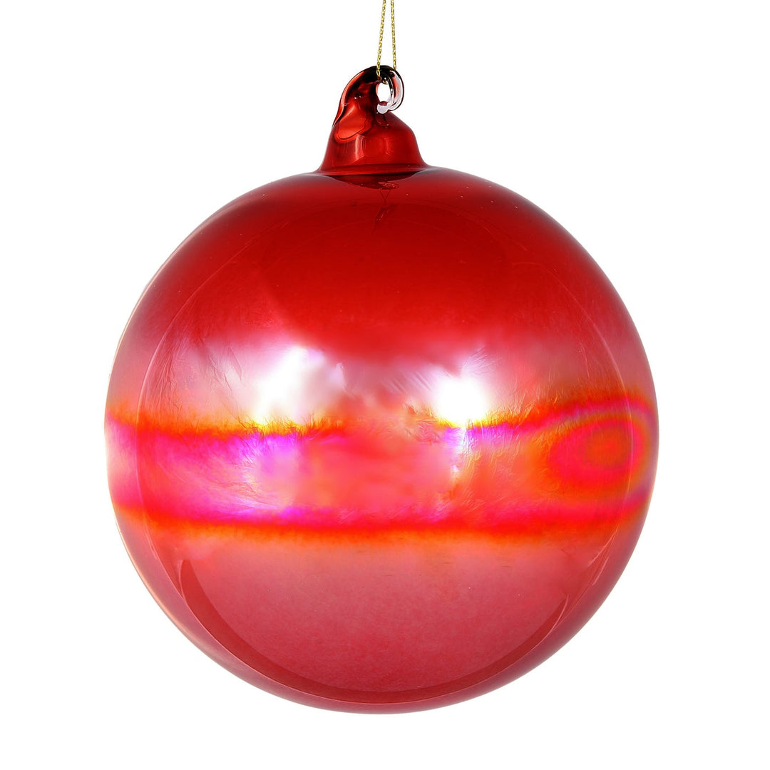Red 120mm glass bottle ball ornament with a shimmering iridescent horizontal band.