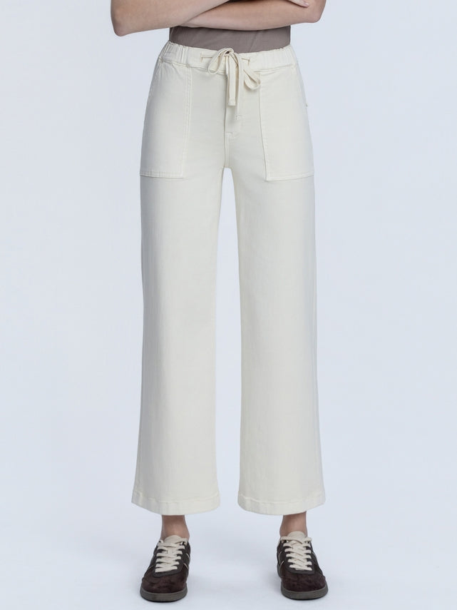 Front view of Bianca high-rise baggy wide jeans in light wash denim with a front drawstring detail.