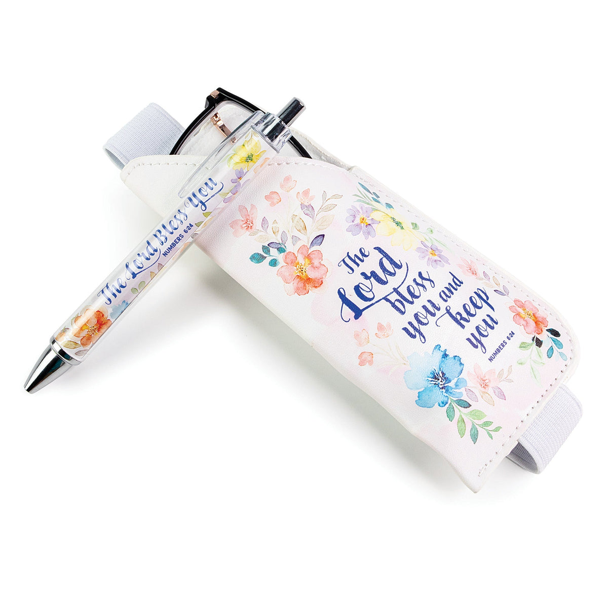 Floral pen and glasses case set with 'The Lord bless you and keep you' scripture and elastic band.