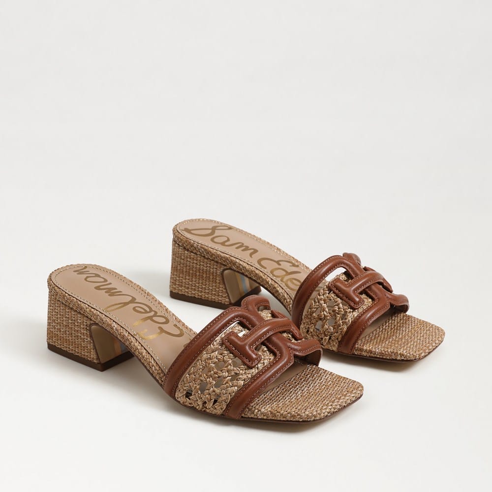 Waylon Weave Slide Sandal in brown leather and woven raffia with a block heel.