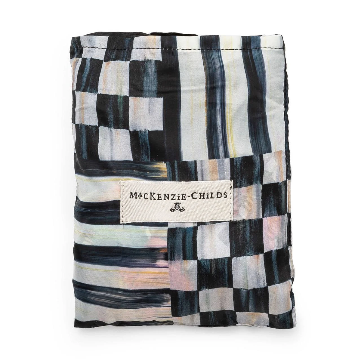 Folded Courtly Flower Market To Go Tote with black and white checkered and striped patterns.