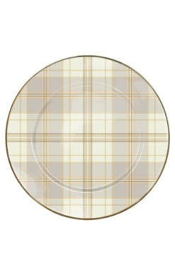 8-inch round Tartan Latte Salad Plate with a beige and cream plaid pattern and a thin gold rim.