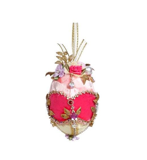 6-inch foam Easter egg decorated with fabric flowers and jewels on a ribbon hanger