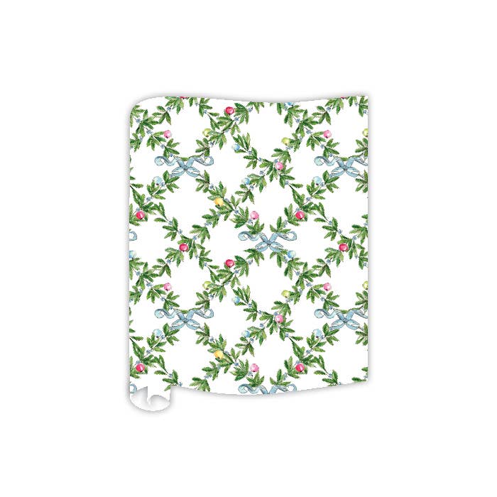 Handpainted table runner featuring interlocking greenery with ornaments and blue bows.