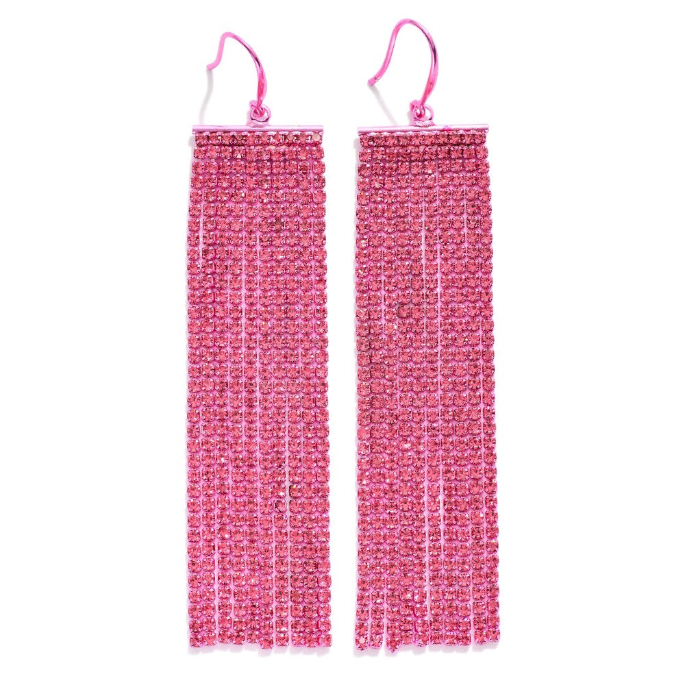 Long pink rhinestone fringe drop earrings with fishhook backs.
