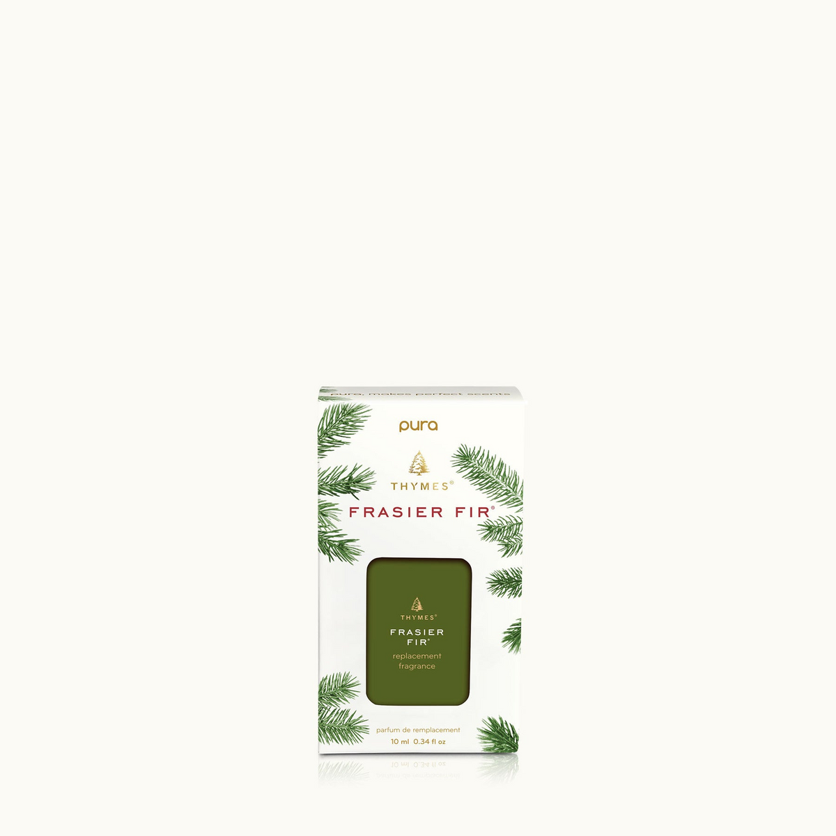 Frasier Fir Pura Diffuser Refill in a white box with green pine needle illustrations.