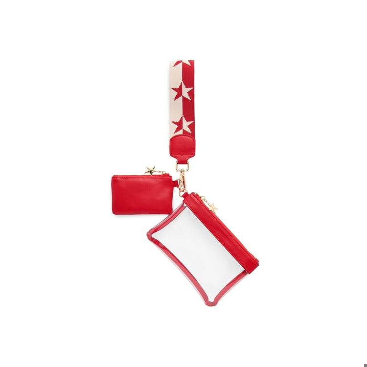 Red and clear spectator wristlet with a star-patterned strap and two detachable pouches.