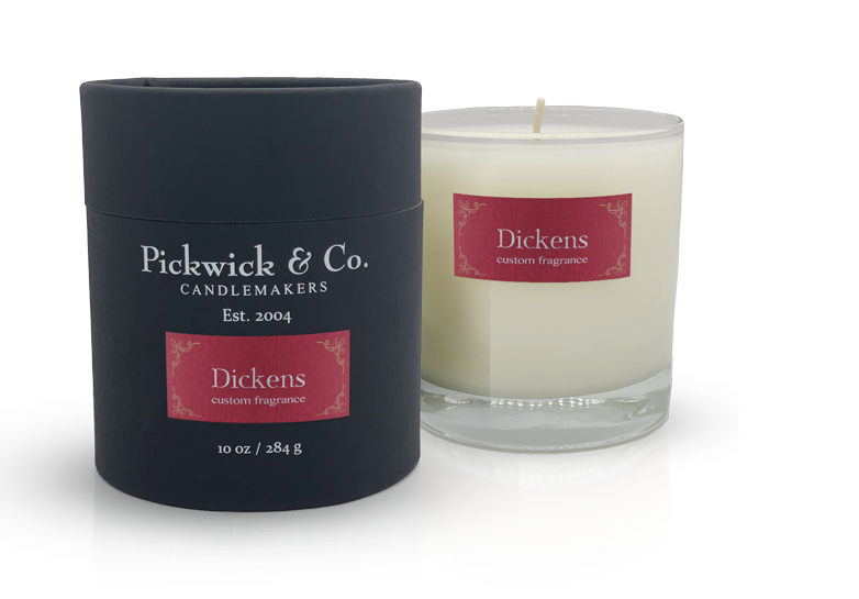 Small-batch Pickwick candle in a clear glass jar with an off-white wax and black wick.
