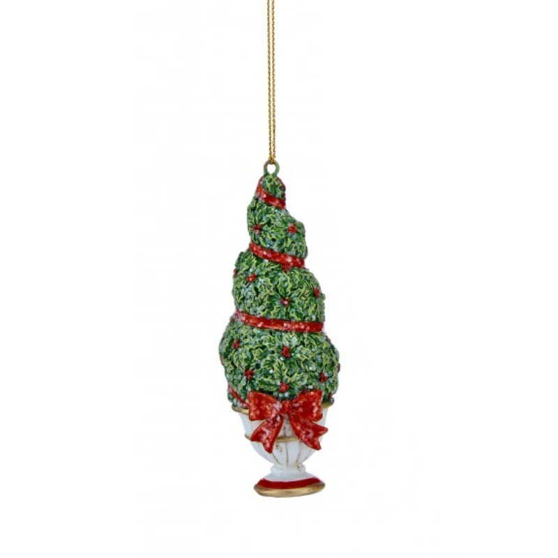 4-inch resin topiary ornament featuring green holly leaves, red berries, and a red bow in a white pot