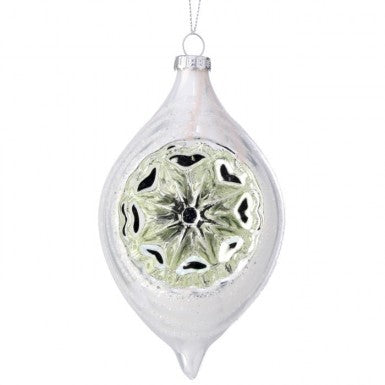 5.5-inch glass pearl reflector finial ornament with a silver finish and indented starburst center.