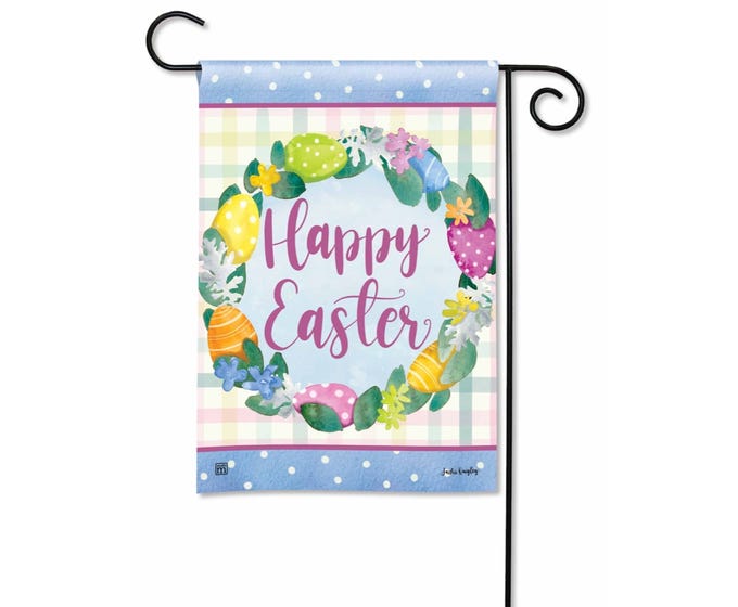 Garden flag with a pastel plaid background, a wreath of Easter eggs and flowers, and the text "Happy Easter".