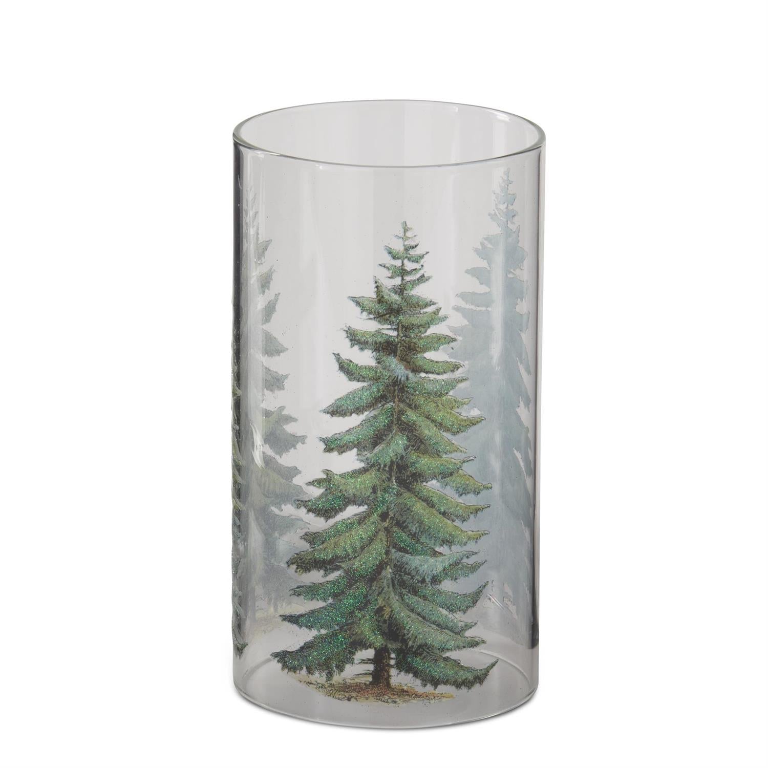 7.75 inch clear glass cylinder candle slip cover featuring a green glittery pine tree design.