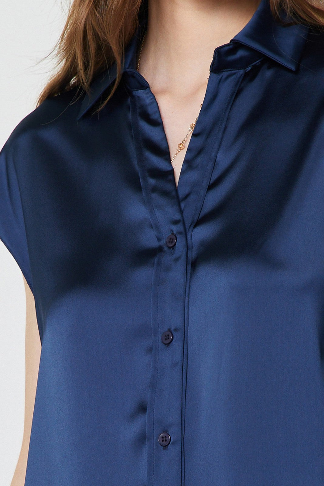 Women's Eliza cap sleeve button-down blouse in white polyester satin with a classic collar and relaxed fit.